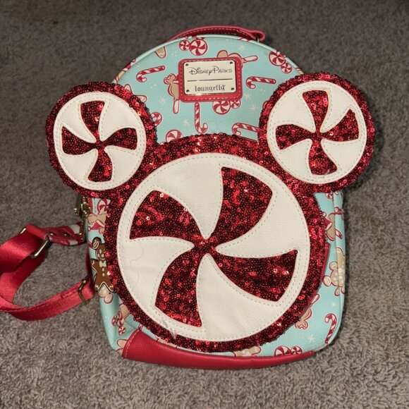2022 Disney Parks Christmas Holiday Peppermint Candy Cane Loungefly Backpack Bag - Picture 7 of 14